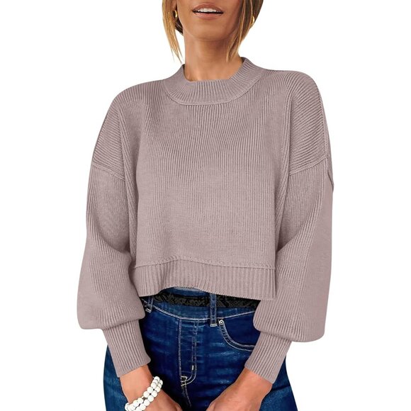 Womens Cropped Sweater Oversized Crewneck Batwing Sleeve Side Slit Knit Pullover